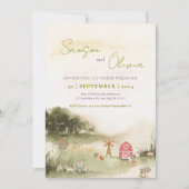 水彩画の納屋イラスト ファームハウス ウェディング 招待状 (正面)