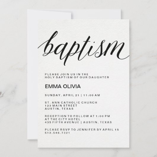 水彩画の紙のモダンでエレガントな洗礼の文字 招待状 (正面)