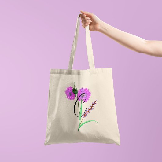 水彩画の紫の花にあなたのイニシャル1文字 トートバッグ
