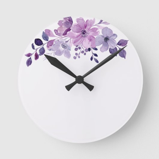 水彩画の紫の花のブーケ ラウンド壁時計 (正面)