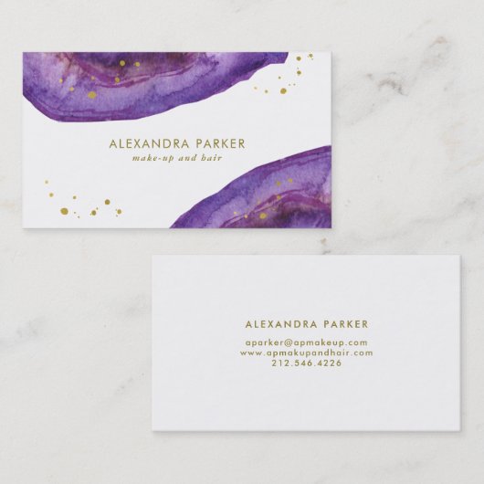水彩画の紫色およびフェイクな金ゴールドGeode 名刺 (正面/裏面)
