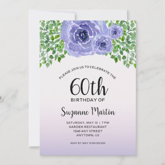水彩画の紫色によっては|の第60誕生会が開花します 招待状 (正面)