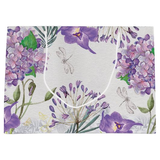 水彩画の紫色のバイオレットのアジサイのトンボ ラージペーパーバッグ (正面)