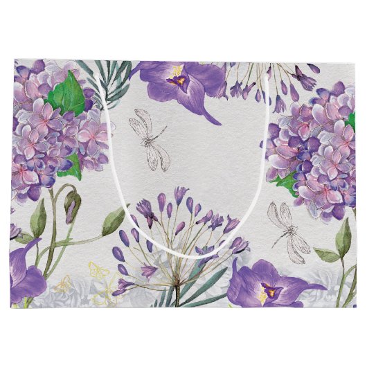 水彩画の紫色のバイオレットのアジサイのトンボ ラージペーパーバッグ (裏面)