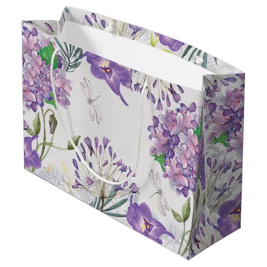 水彩画の紫色のバイオレットのアジサイのトンボ ラージペーパーバッグ (裏面アングル)
