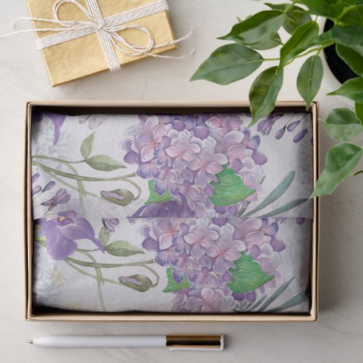 水彩画の紫色のバイオレットのアジサイの緑の草木 薄葉紙 (ギフト)