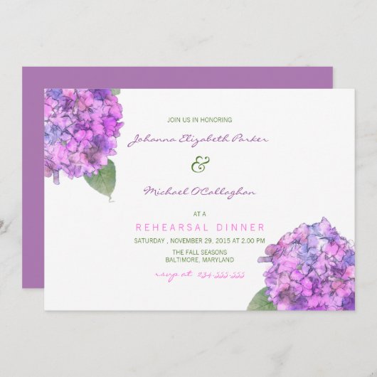 水彩画の紫色のピンクのアジサイのリハーサルの夕食 招待状 (正面/裏面)