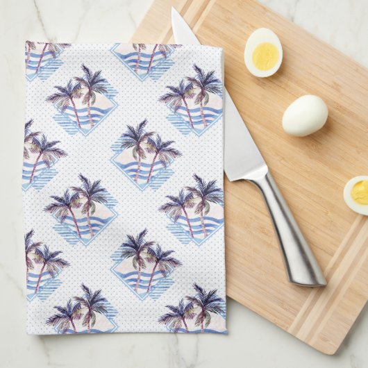 水彩画の紫色の幾何学的なヤシの木パターン キッチンタオル (四つ折り)