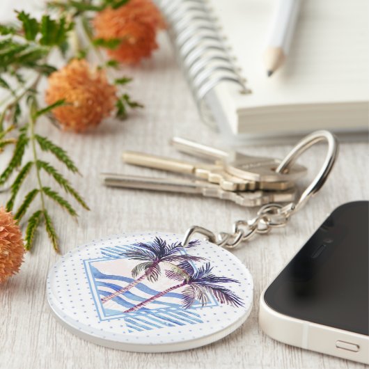 水彩画の紫色の幾何学的なヤシの木パターン キーホルダー (正面右)