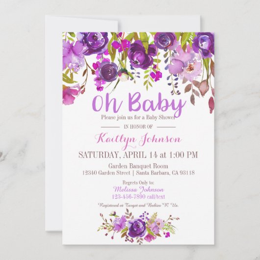 水彩画の紫色の花のモダンなベビーシャワー 招待状 (正面)