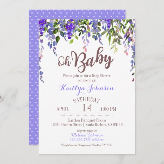 水彩画の紫色の藤のモダンなベビーシャワー 招待状 (正面/裏面)