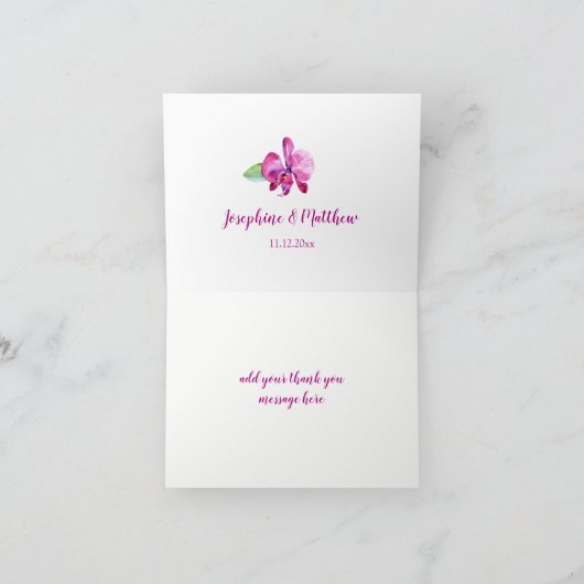 水彩画の紫色の蘭の花の結婚式は感謝していしています サンキューカード (内部)