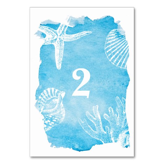 水彩画の結婚式のテーブル数のSeahells テーブルナンバー (正面)