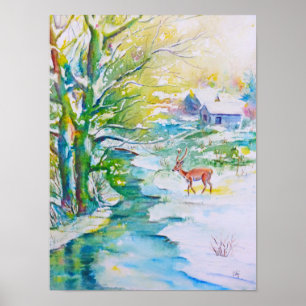 水彩画の絵画の雪のシカの流れの景色 ポスター
