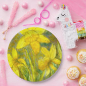 水彩画の絵画、黄色い花の芸術、ラッパスイセン ペーパープレート (パーティー)