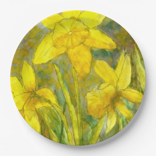 水彩画の絵画、黄色い花の芸術、ラッパスイセン ペーパープレート (正面)