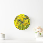 水彩画の絵画、黄色い花の芸術、ラッパスイセン ラージ壁時計 (ホーム)