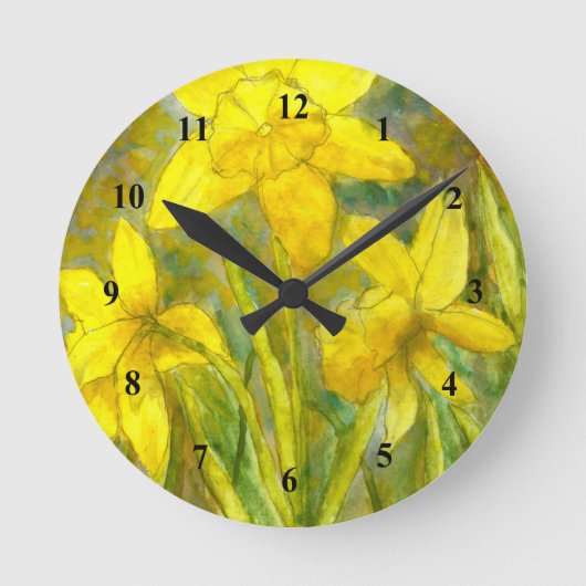 水彩画の絵画、黄色い花の芸術、ラッパスイセン ラージ壁時計 (正面)
