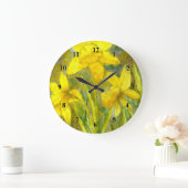 水彩画の絵画、黄色い花の芸術、ラッパスイセン ラージ壁時計 (ホーム)