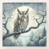 水彩画の絶叫フクロウ ガラスコースター (正面)