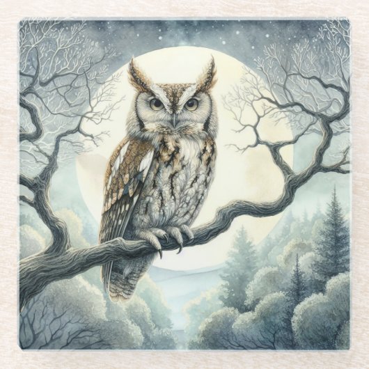 水彩画の絶叫フクロウ ガラスコースター (正面)