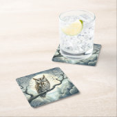 水彩画の絶叫フクロウ スクエアペーパーコースター (インサイチュ)