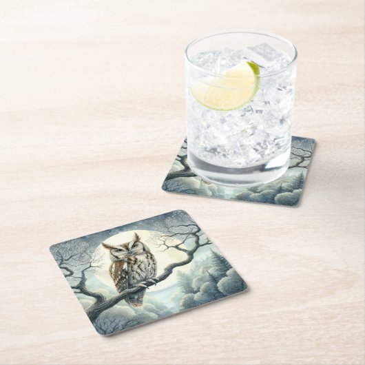 水彩画の絶叫フクロウ スクエアペーパーコースター (インサイチュ)