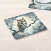 水彩画の絶叫フクロウ スクエアペーパーコースター (アングル)