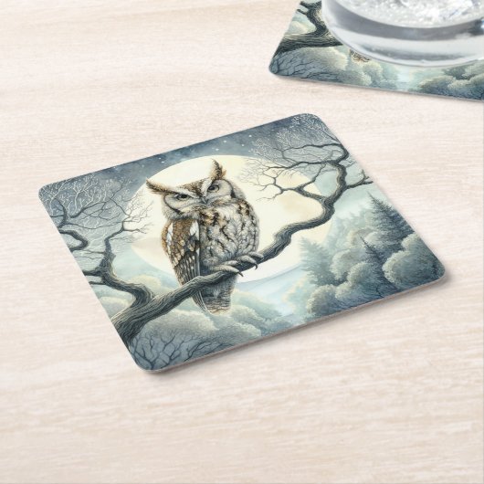 水彩画の絶叫フクロウ スクエアペーパーコースター (アングル)