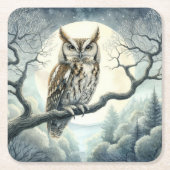 水彩画の絶叫フクロウ スクエアペーパーコースター (正面)