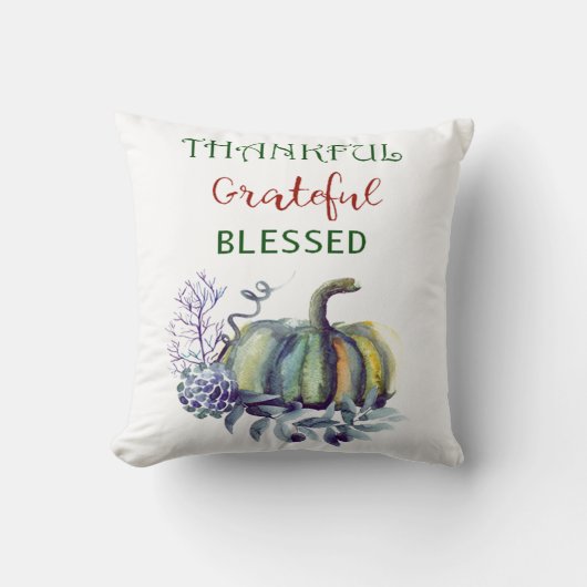 水彩画の緑および青のカボチャ装飾用クッション クッション (正面)
