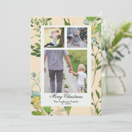 水彩画の緑の植物と３つの実の写真　クリスマス シーズンカード (スタンド正面)