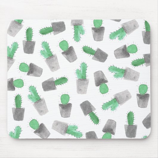 水彩画の緑の灰色のモダンなサボテンパターン マウスパッド (正面)