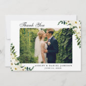 水彩画の緑の白い花の結婚式の写真 サンキューカード (正面)