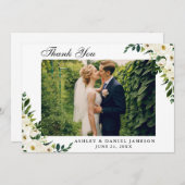 水彩画の緑の白い花の結婚式の写真 サンキューカード (正面/裏面)