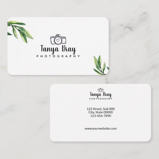 水彩画の緑の草木の詳細が付いている白い名刺 名刺 (正面/裏面)