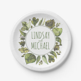 水彩画の緑の草木は素朴な森林結婚式を包みます ペーパープレート