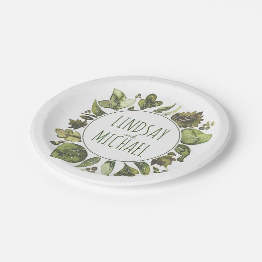 水彩画の緑の草木は素朴な森林結婚式を包みます ペーパープレート (アングル)