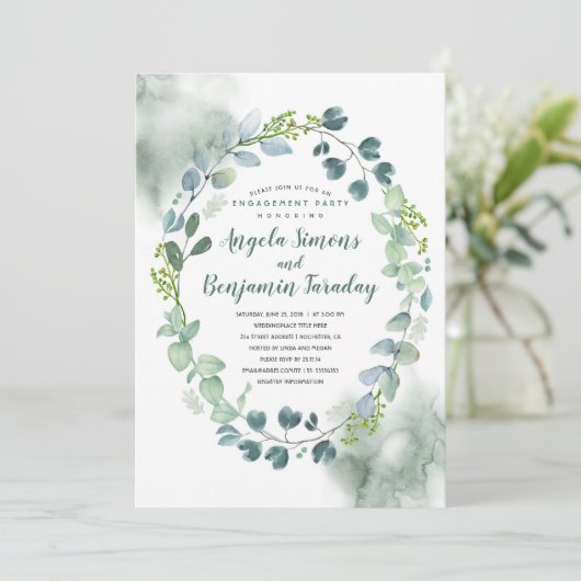 水彩画の緑の草木|のユーカリの婚約パーティ 招待状 (スタンド正面)