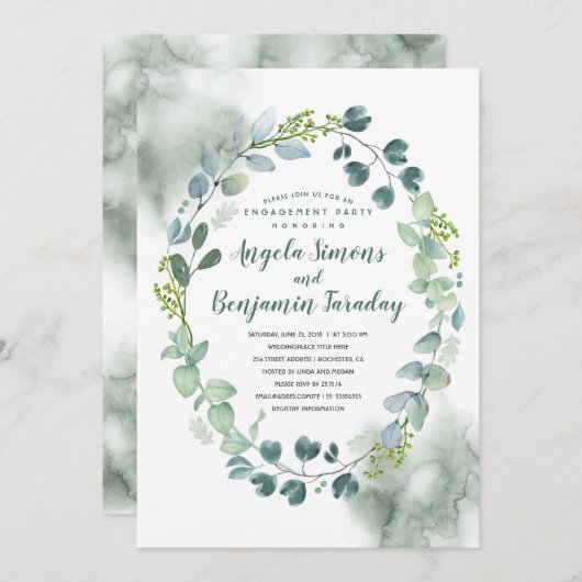 水彩画の緑の草木|のユーカリの婚約パーティ 招待状 (正面/裏面)