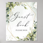 水彩画の緑の葉のゴールドのゲストブックサイン ポスター (正面)