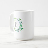 水彩画の緑の葉のリース|のモノグラム コーヒーマグカップ (正面左)