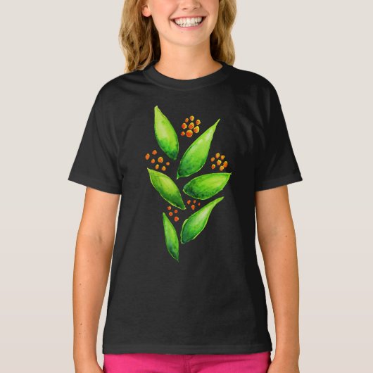 水彩画の緑植物のオレンジ果実の女の子 Tシャツ (正面)