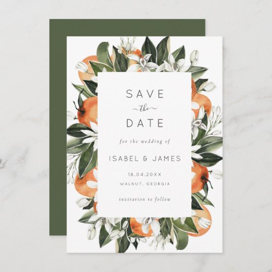 水彩画の緑豊かなオレンジの花の植物学 セーブザデート (正面/裏面)