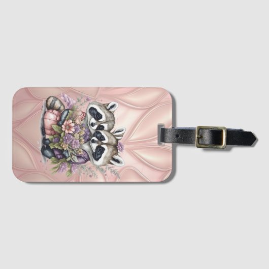 水彩画の美しいタヌキのカップルと花 ラゲッジタグ (正面横)