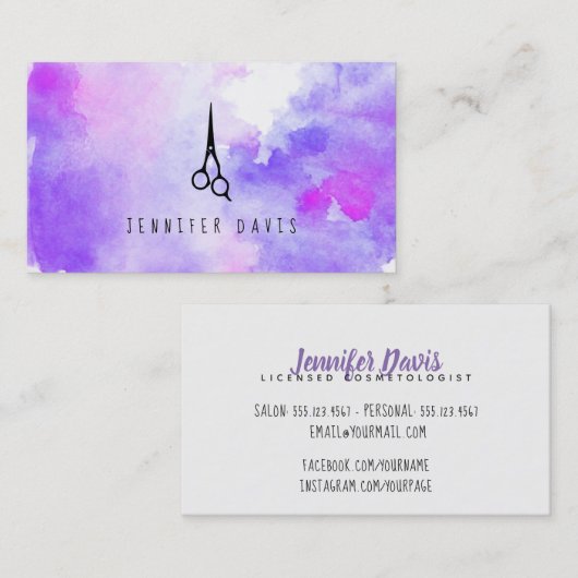 水彩画の美容師の美容師の（ばちゃばちゃ）跳ねる 名刺 (正面/裏面)