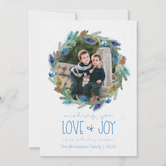 水彩画の群葉の孔雀の羽のリースの写真 シーズンカード (正面)