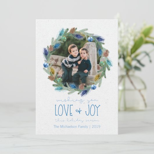 水彩画の群葉の孔雀の羽のリースの写真 シーズンカード (スタンド正面)