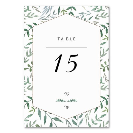 水彩画の群葉の緑の草木の結婚式 テーブルナンバー (正面)