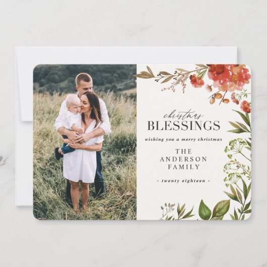 水彩画の群葉の雄鹿の写真のクリスマス シーズンカード (正面)